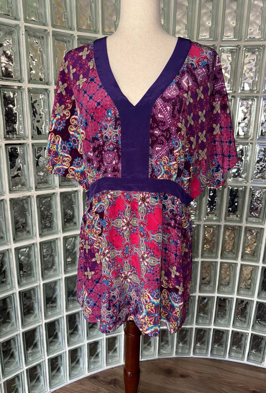 Garnet Hill 100% Slik Boho V-Neck Dolman Short Sleeves Tunic - size 16 - OD